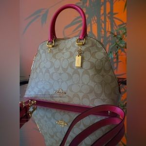 Coach Tatum Carryall Tote Khaki Signature Canvas Pink Leather USED (PREOWNED)